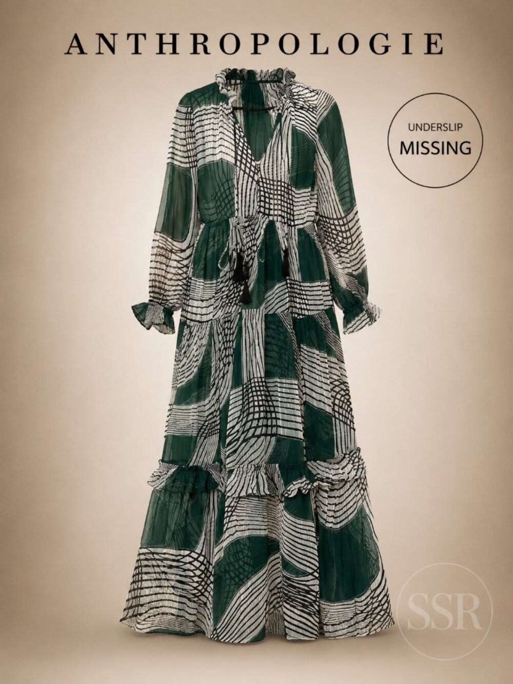 Anthropologie The Marais Printed Chiffon Maxi Dress XS Green Geometric Tiered Cu